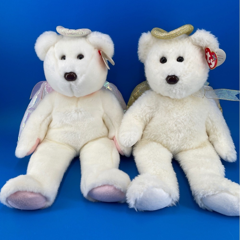 Ty Beanie Buddies Pair Halo & Halo II Angel Bear Gold Silver Wings White 14" Vtg